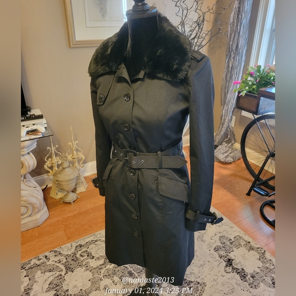 Bebe Cotton Blend Double Lined Removable Lining Faux Fur Trench Coat #510 - Picture 4 of 17